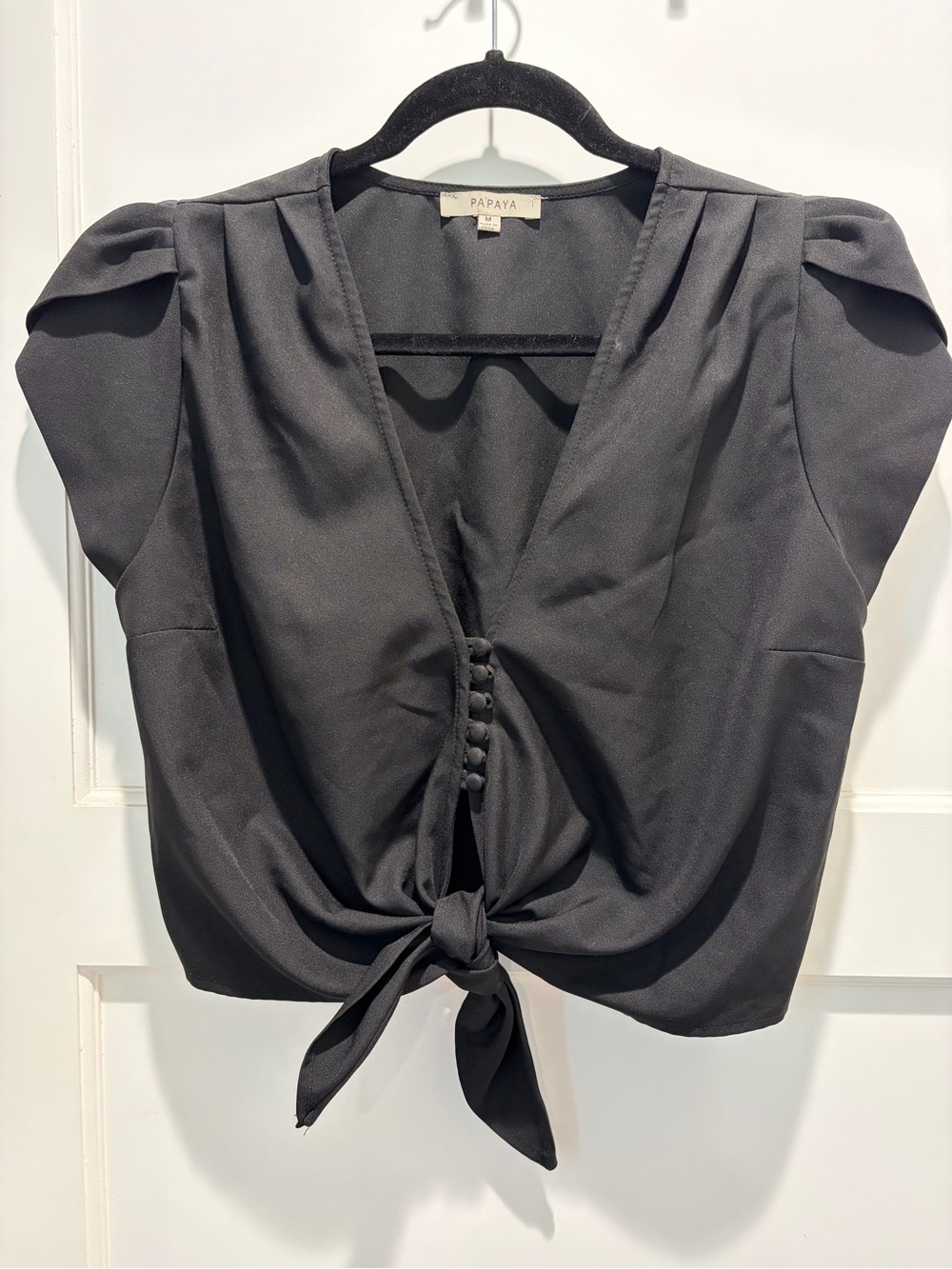 Papaya Black Tie-Front Puff Sleeve Crop Top